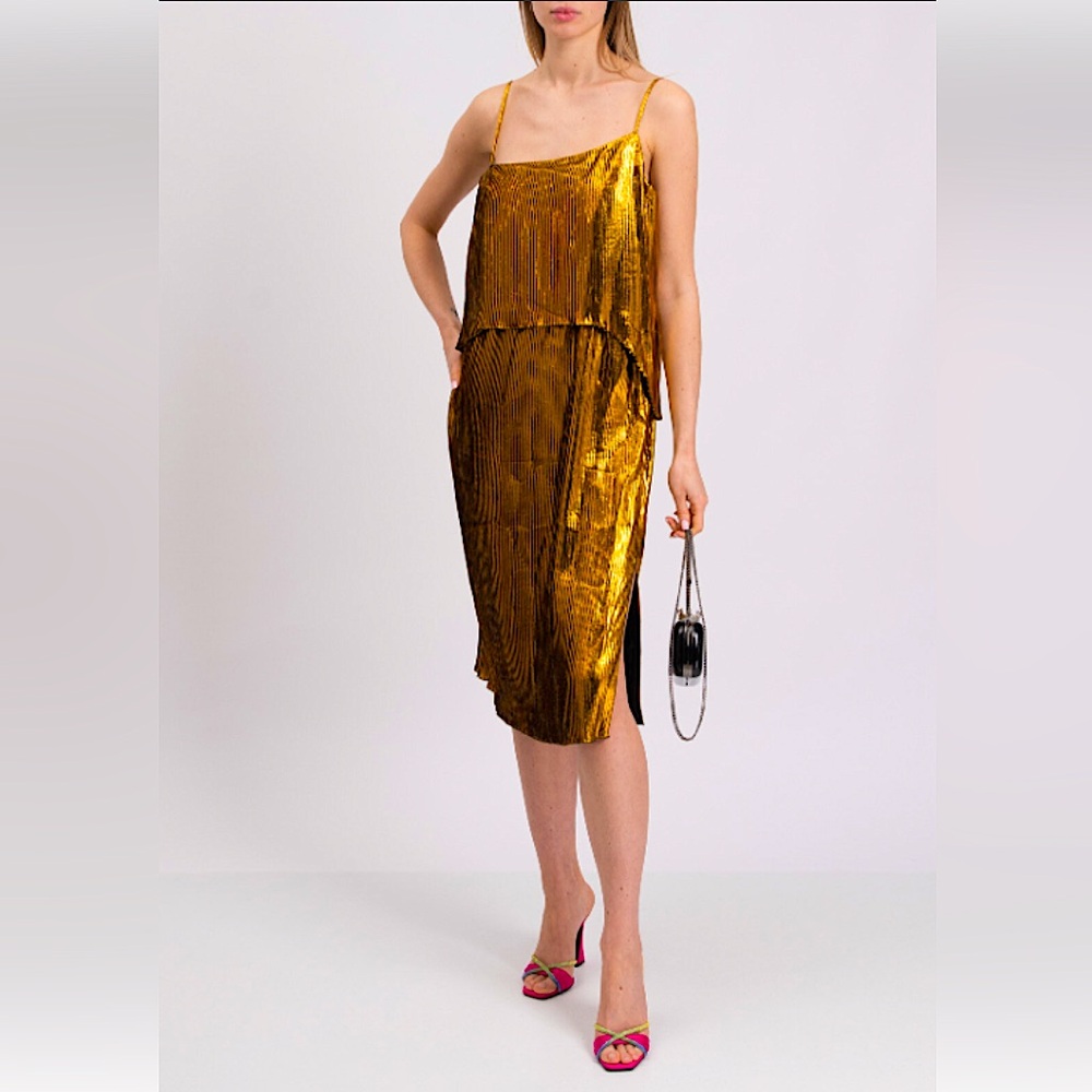 Cedric Charlier Asymmetrical Antique Gold Foil Dress - NWOT, size 2-4